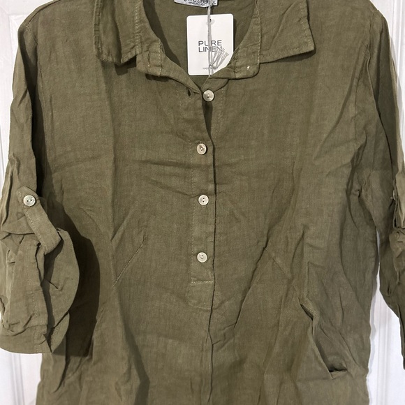 Elena Baldi Army Green Olive Linen knee Length Dress size XL - Picture 2 of 8
